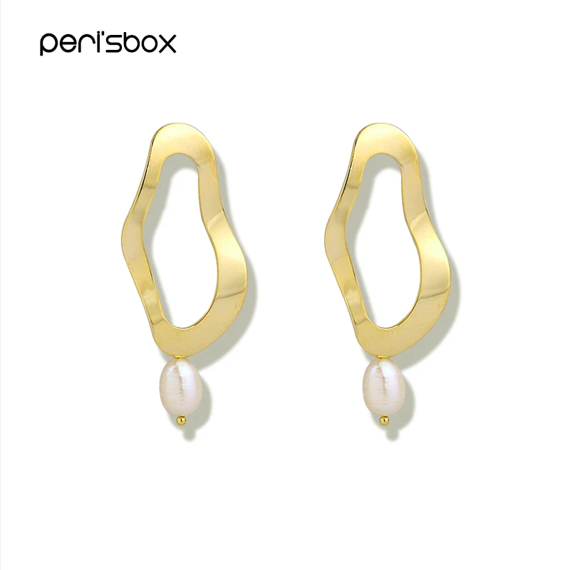 

Peri'sBox Gold Color Waved Hoop Earrings with Hanging Pearl Irregular Statement Earrings for Women Bohemia Geometrical Earrings