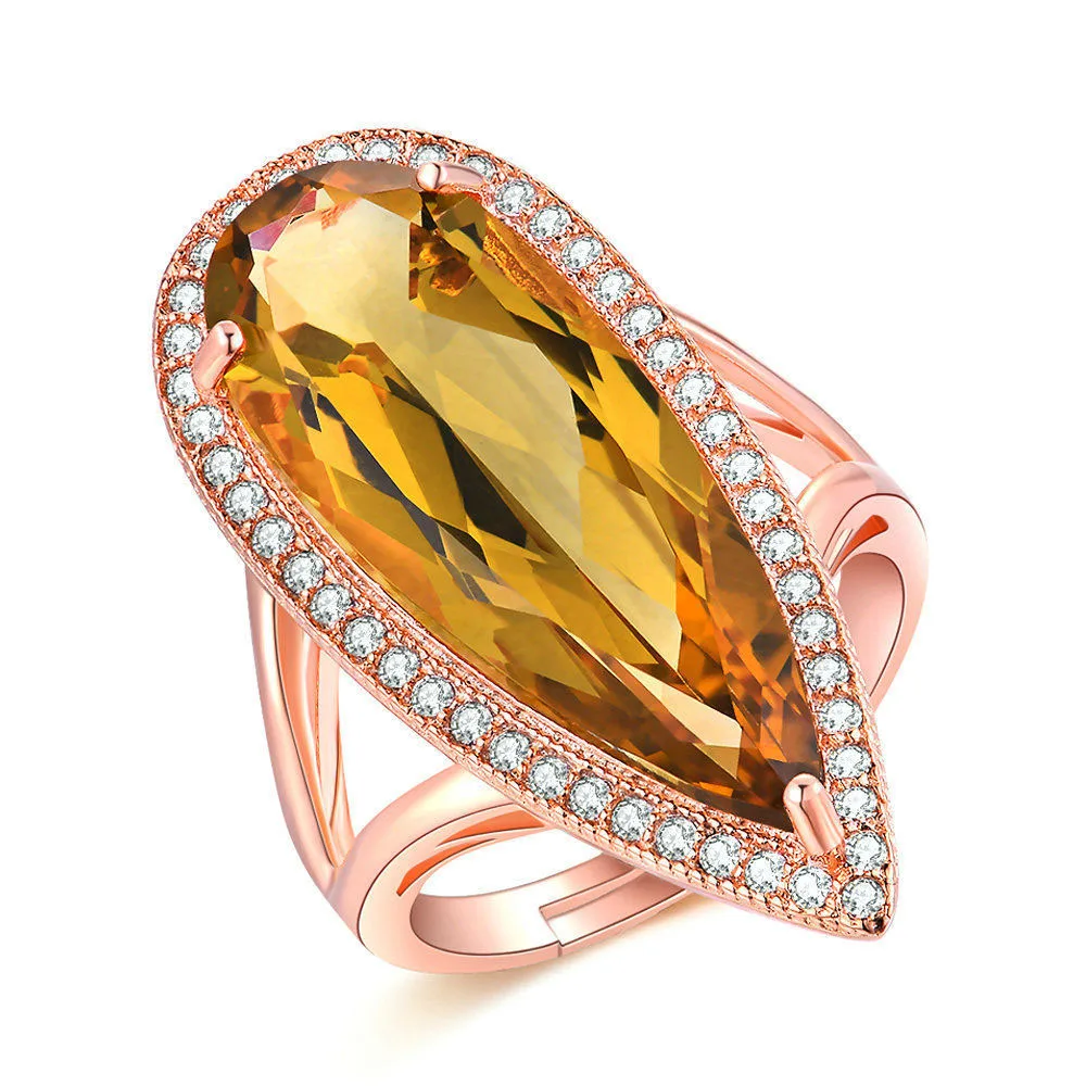 

Trendy Waterdrop Natural Citrine 925 Silver CZ Adjustable Ring