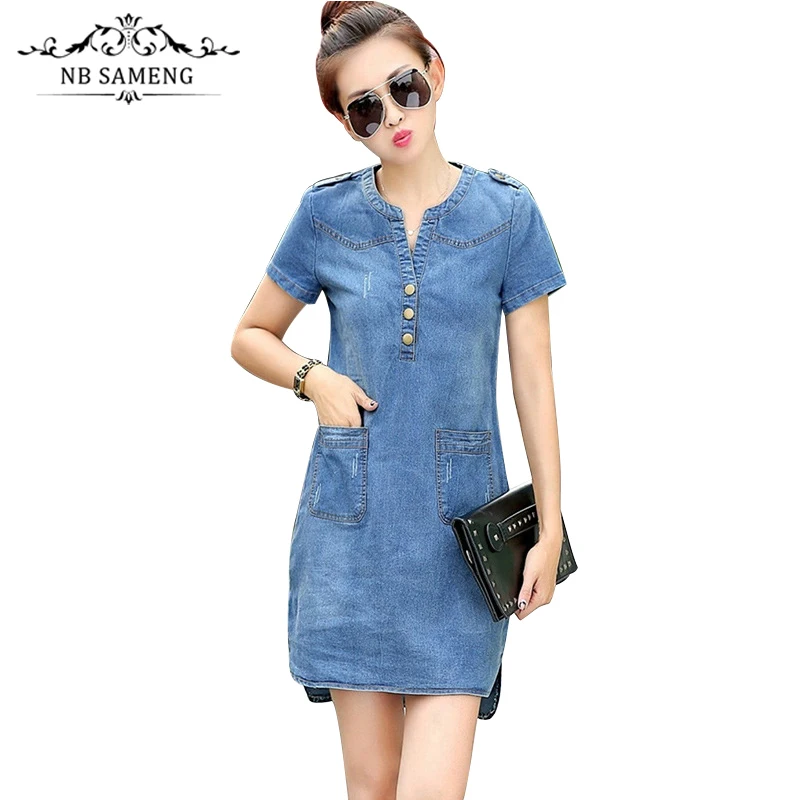 2017 New Arrival Summer Women Denim Dresses Short Sleeves Loose A line Dresses V neck Solid 