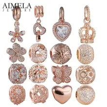 AIMELA 925 de Plata Esterlina con Chapado En Oro Rosa Corazón Mariposa Daisy Granos de Los Encantos Para La Joyería Que Hace Fit Pandora Pulseras DIY