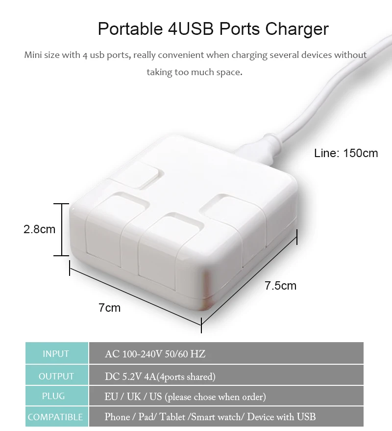 Konsmart 4 порта USB портативное зарядное устройство для iPhone 7 Мульти USB адаптер питания подходит для Xiaomi Mi A1 redmi 4x для samsung зарядное устройство