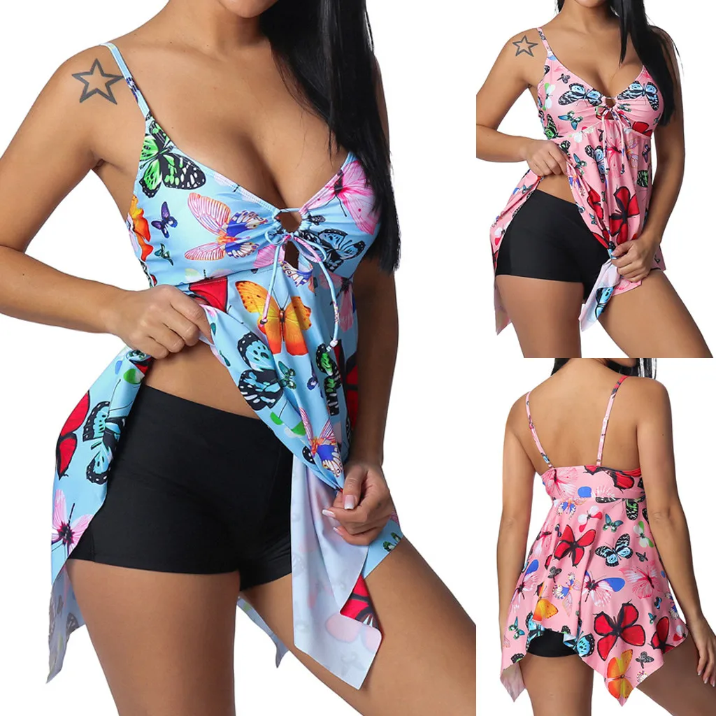 

2019 Sexy One Piece Swimwear Women Plus Size Conservative high-waisted bodice butterfly print split swimsuits 5XL L326