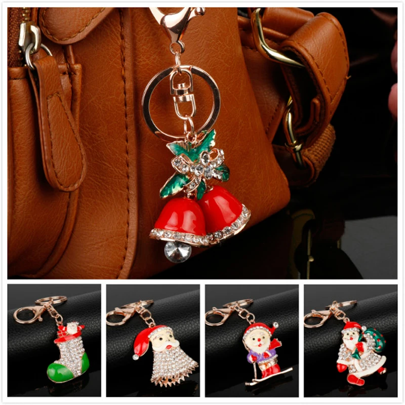 

Hot Metal Enamel Charm Christmas Keychain Santa Claus Present Stocking Pendant Rhinestone Keychain Girl Gift Handbag Keyring