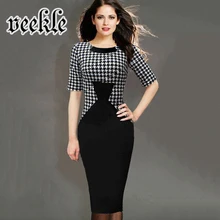 Womens 2016 Elegant Vintage Houndstooth Patchwork Slim Work Office Business Casual Party Bodycon Pencil Dress tartan clothing