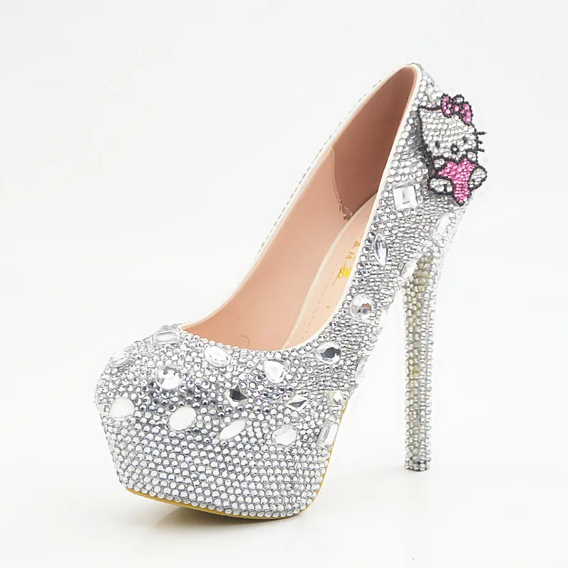 

Super high 14cm heeled cartton hello kitty silver crystal rhinestones pumps shoes woman ladies sweet handmade silver wedding sho