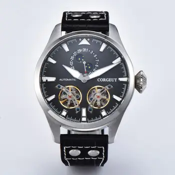

47mm Corgeut Black dial flywheel Mechanical Automatic Mens Watch Date Luminous
