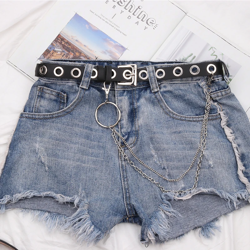 

Women Punk Chain Belt Fashion Leather Black Double/Single Eyelet Grommet Waistband Lady Jeans Dress Wild Waist Belts