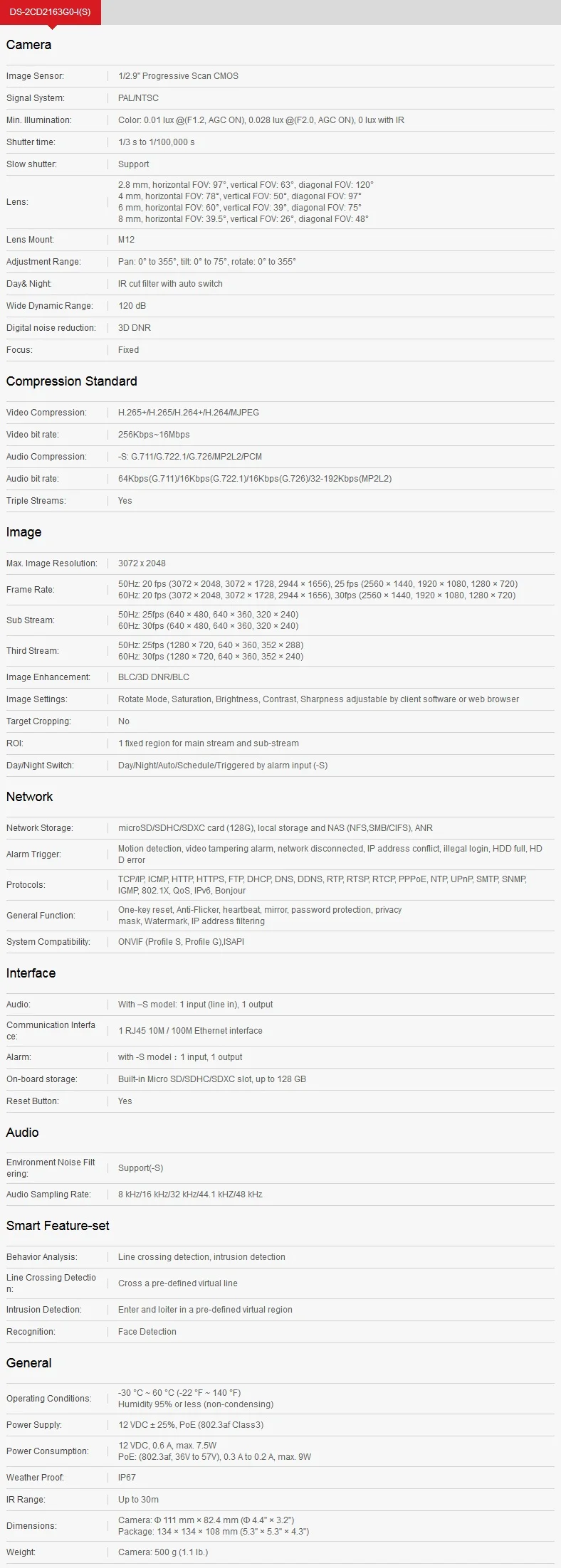 DS-2CD2163G0-I Specifications