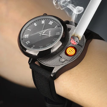 

Rechargeable Flameless Windproof Cigarette Lighters USB Charging Lighter Watch Men Casual Quartz Wristwatches Relogio Masculino