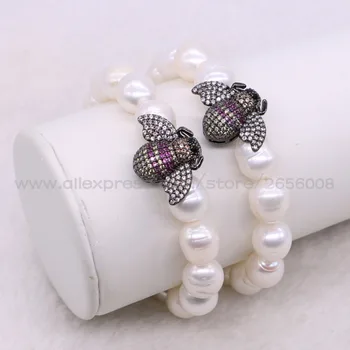 

4 Strand Natural pearls bracelet with Micro pave bee charms handcrafted jewelry pearl bangle bracelet gift for lady 2885