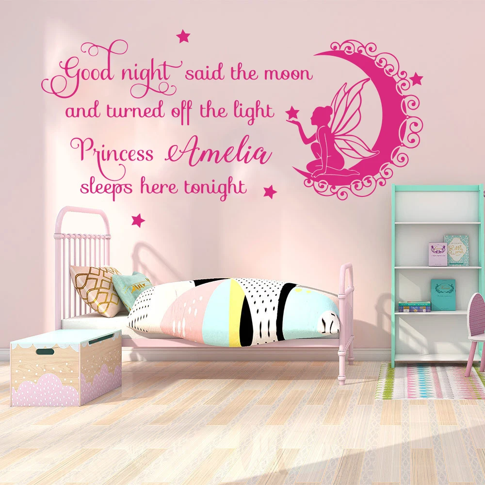 Custom Name Fairy Good Night Princess Sleep Here Wall Decal Girl Room Kids Room Family Love Quote Fairy Tail Wall Sticker Vinyl  (3)
