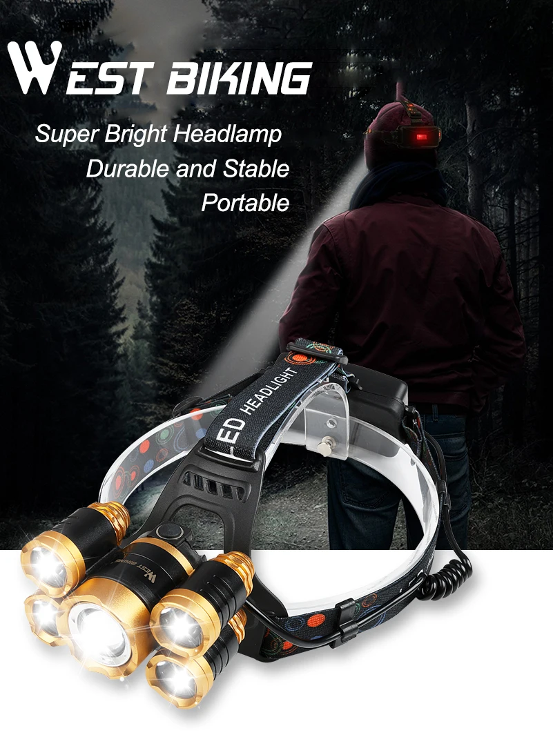 Perfect WEST BIKING Bike 5LED Headlamp Super Bright Gold Zoomable 4Modes Waterpoof T6 Cycling Head Light USB Recharge Bicycle Head Torch 0