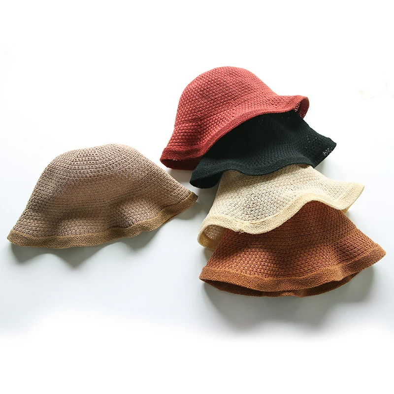 Корейская однотонная вязаная шляпа-ведро женская летняя Солнцезащитная шляпа на открытом воздухе повседневная Кепка s дышащая купольная Кепка Для Взрослых Складная 56-58 см