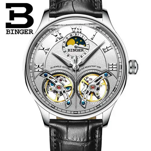 Двойной Tourbillon, швейцарские мужские часы, BINGER, оригинальные автоматические часы, мужские Модные механические наручные часы, кожаные часы - Цвет: Silv white B8606B bl