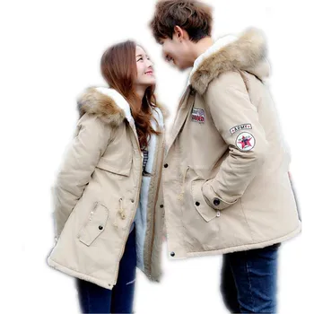 

2019 Russia Style Winter Couples Down Cotton Jacket Parka Hooded Fur Collar Thicken Slim Medium-Long Cotton Outerwear ParkaCQ411