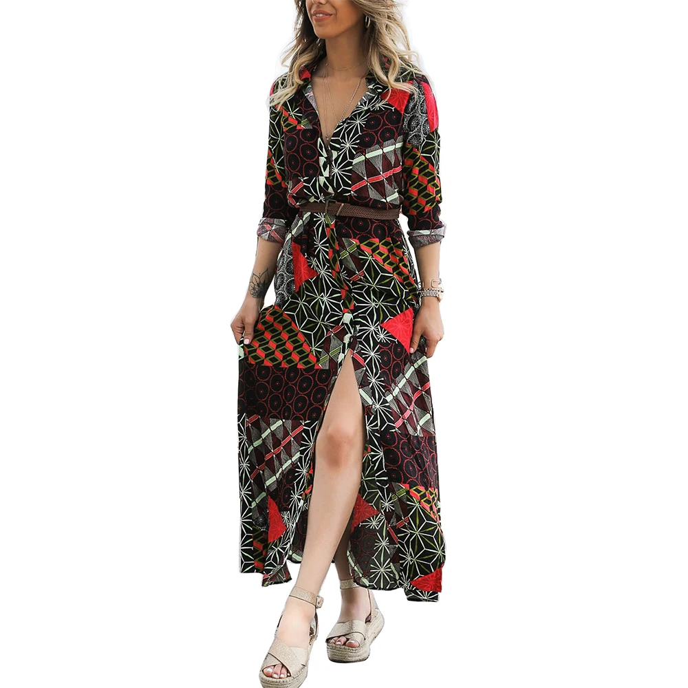 

print women blouse dress 2019 new arrival long sleeve turn-down collar shirt dresses tops button bohemian beach party vestidos
