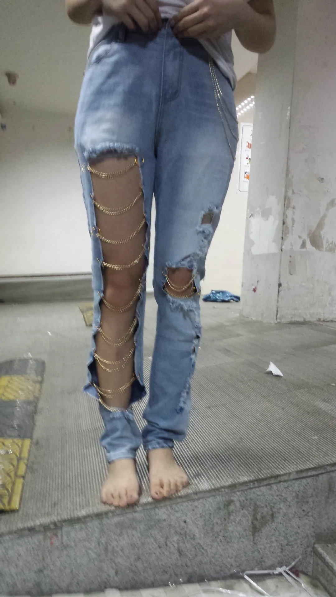 Леггинсы эластичные хлопковые джинсы с дырками и высокой талией повседневные брюки узкие брюки женские джинсы O8R2