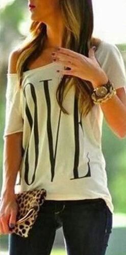 Fashion Women Casual Loose Crew Neck Tops Short Sleeve T font b Shirt b font LOVE