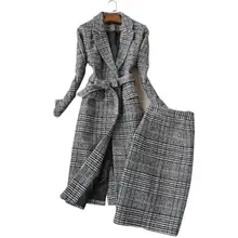 Модные Piaid костюмы для женщин зима осень тонкий с длинными рукавами твидовое клетчатое пальто+ юбка с высокой талией костюмы из двух частей для женщин