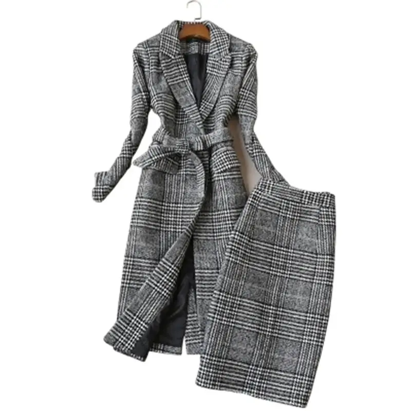 

Fashion Piaid suits women Winter Autumn New slim long-sleeved tweed plaid coat + high waist skirt two-piece suits women