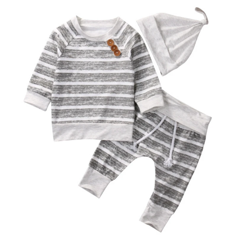 

3Pcs/Set ! Baby Clothing Sets Autumn Baby Boys Clothes Infant Newborn Striped Tops T-shirt+ Leggings Pant + hat 3pcs Outfits Set