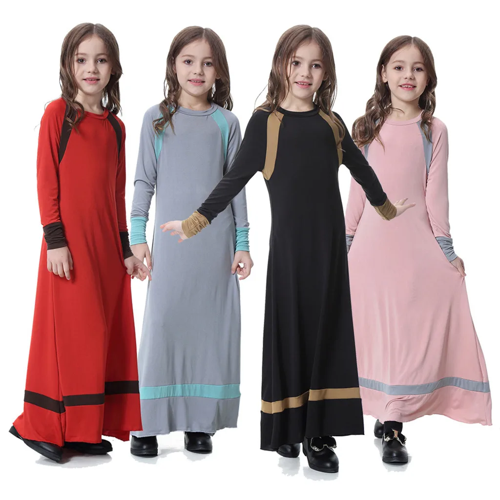 

Girl muslim Robe Long Sleeve Solid Saudi Arab Islamic Muslim Dubai Robe for Girl islamic clothing abaya dubai