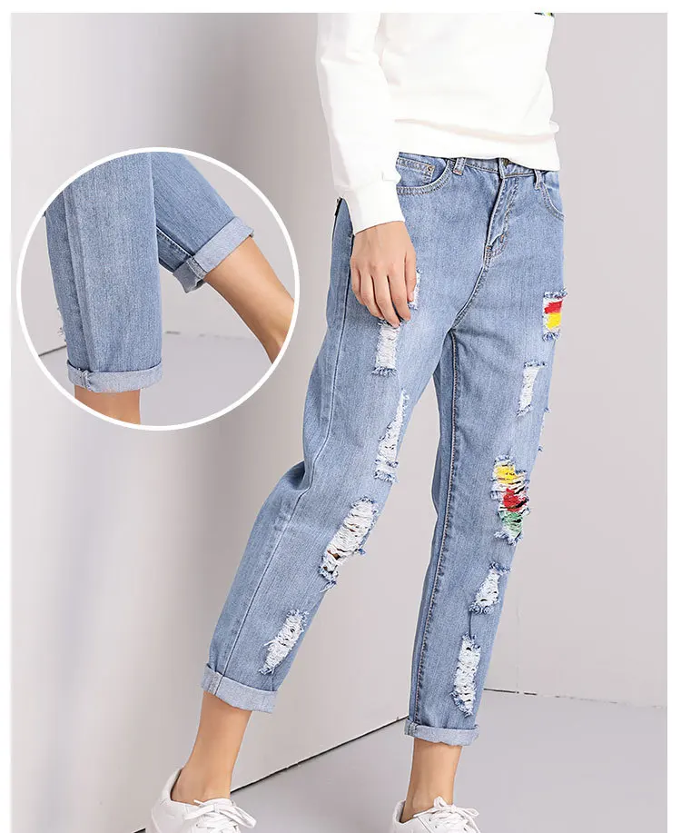 Большие размеры стрейч талии Джинсы бойфренда для женщин лодыжки длина промывают рваные джинсы штаны-шаровары женщина осень лето rip