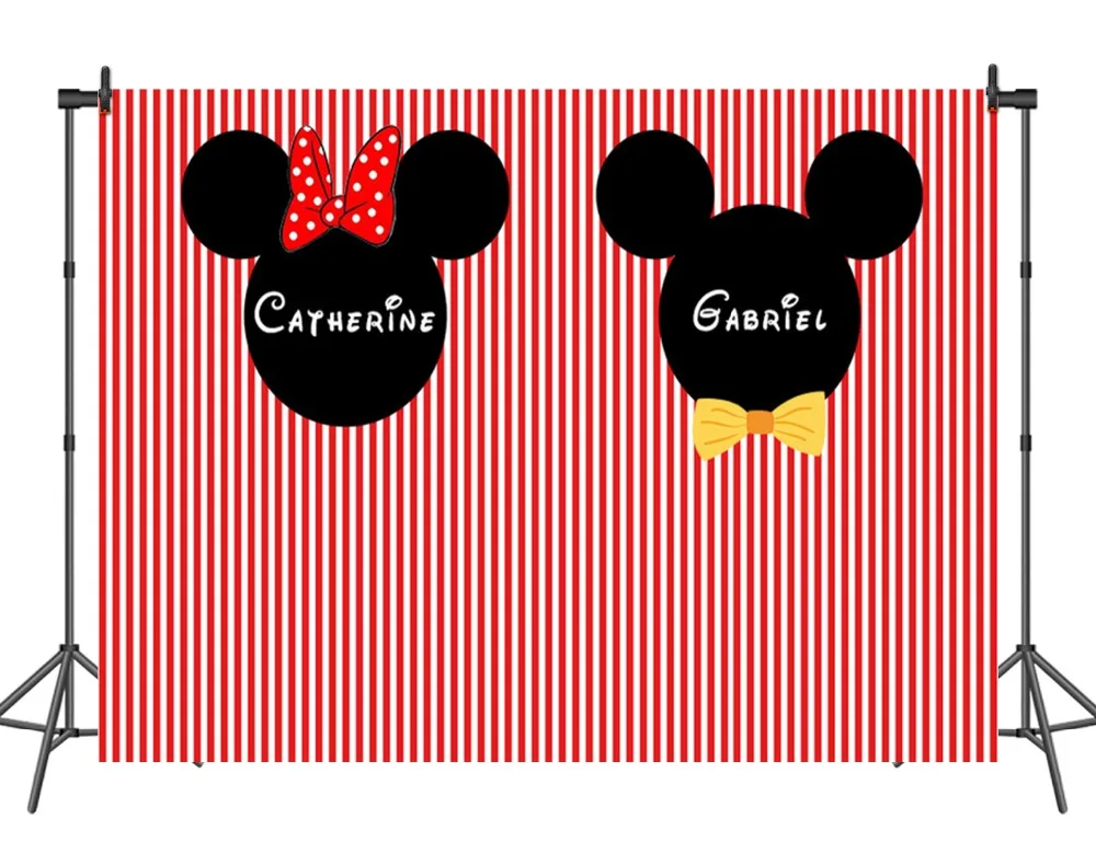 

Sensfun Minnie&Mickey photography backdrop twins birthday party photo backgrounds red and white striped photo backdrop