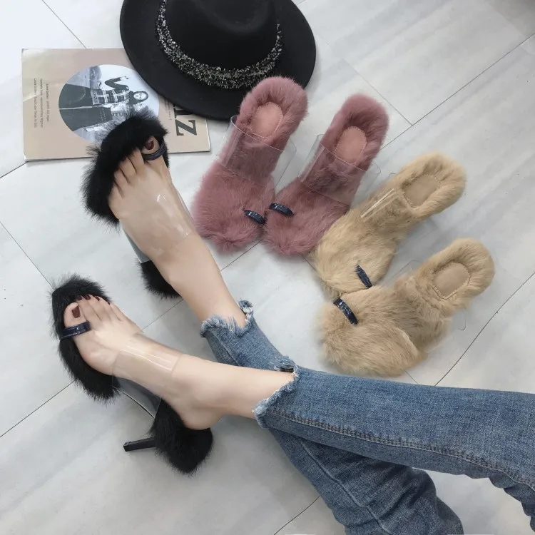 

fur high heels sandals women luxury clip toe fur slides ladies slippers designers fluffy woman slipers dames furry moda fuzzy