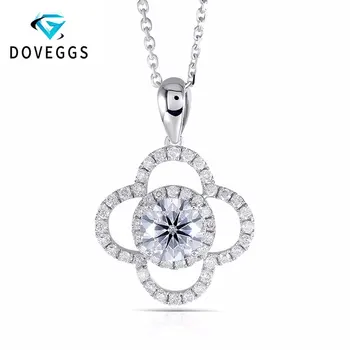 

DovEggs 14k White Gold 585 6.5mm F Color Round Brilliant Moissanite Slide Halo Pendant with Accent Necklace Snowflower Shaped