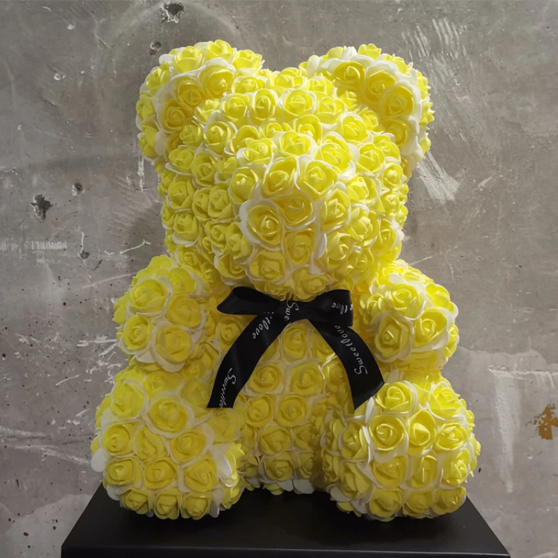 40 см розовый медведь с лентой плюшевые игрушки искусственные розы Пена розы цветок медведь Роза День матери подарки ко дню Святого Валентина - Цвет: Yellow