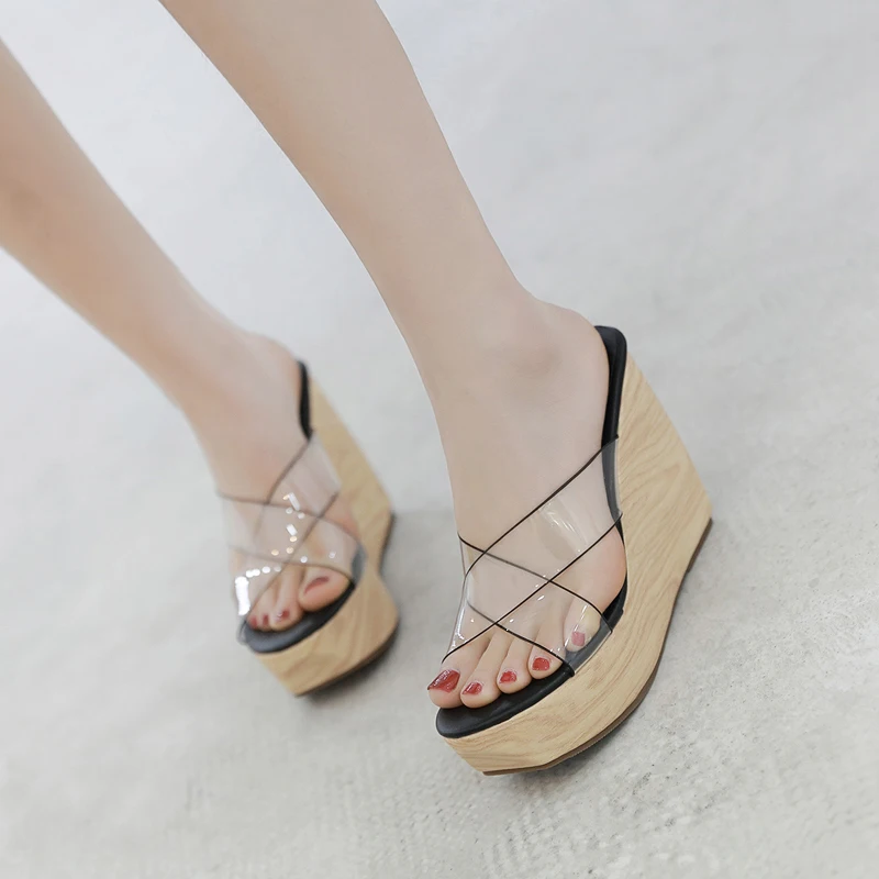 

2019 Summer Fashion Women High Heels Transparent Slides Wedges Slip On Slippers Clog Beach Thick Designer Slides Wholesale Shoes