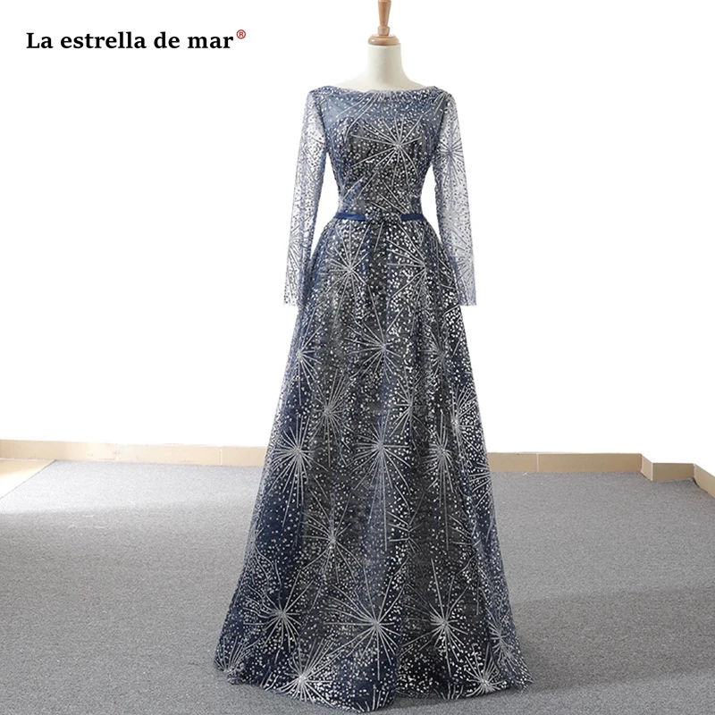 La estrella de mar abendkleid2019 Scoop цепочки и ожерелья блёстки с длинным рукавом сзади открыть линию темно синие длинные платья вечерние плать