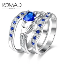 Romad Fashion Luxury Blue Crystal love Heart Ring Sets Cubic Zirconia Wedding Rings For Women Silver Color 2017 New Arrival Gift