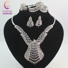 Diseño Dubai Sistemas de la Joyería de Traje de Plata del Cristal Plateado de la manera Grande Boda Nigeriano Beads Africanos Joyería Establece