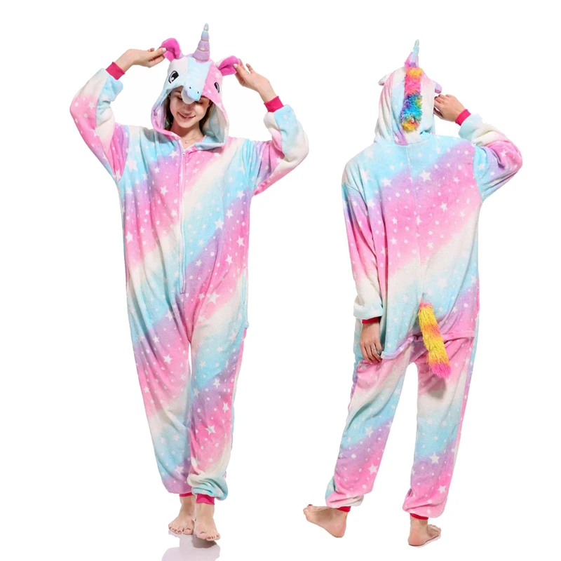 Зимние пижамы с животными, шитая Пижама, единорог, пижама, набор комбинезонов, Кигуруми для женщин и мужчин, унисекс, фланелевые Комбинезоны для взрослых - Цвет: Pink star unicorn