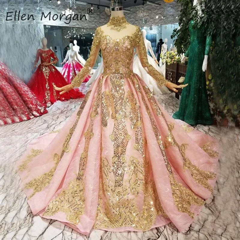 high neck long sleeve ball gown