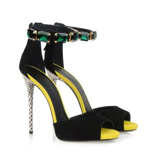 

2016 Summer Fashion Women Jeweled High Heel Sandals Green Crystal Ankle Strap Peep Toe Spot Heel High Heels For Woman Shoes