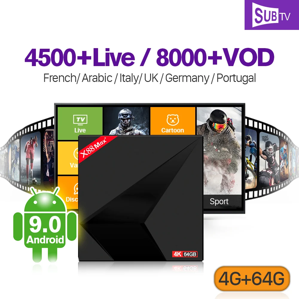 

Android 9.0 SUBTV Subscription IPTV France Arabic Italy X88 MAX+ 4+64G BT USB3.0 Dual-Band WIFI IP TV 1 Year Spain IPTV Android