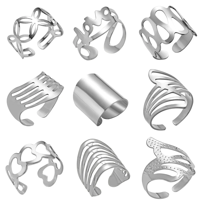 

Adjustable Hollow Open Rings Striped Flower Heart Geometric Open Ring Stainless Steel Women Men Punk Knuckle Rings Party