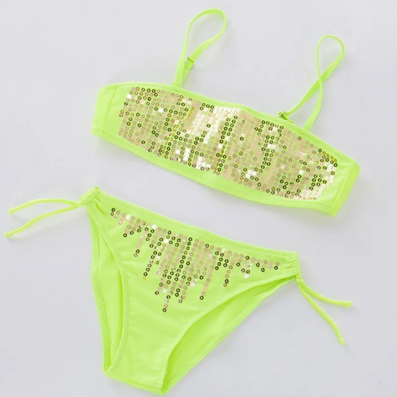 

green Two Piece Swimsuit for Girls Children strappy sequin Bikini cute Swimwear Biquini Bathing Suit Baby Kids Summer Beach wear