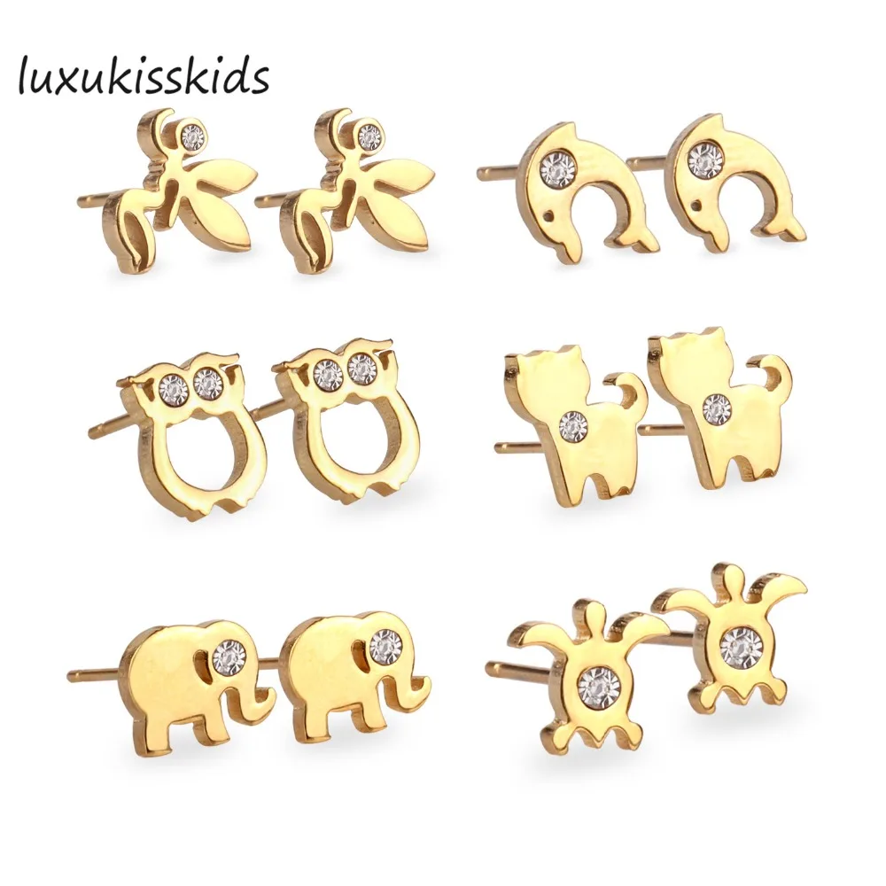 

LUXUKISSKIDS 6Pairs/Box Newest Cubic Zirconia Stud Earrings Animals Shape Stainless Steel Earrings Set