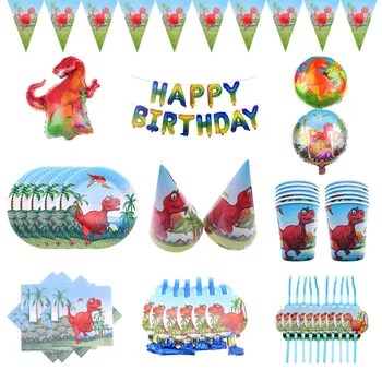 

Red Dinosaur Theme Cup/Plate/Tablecloth/Hat/Ballons/Napkin/Tableware Sets for Children Happy Birthday Party Decoration Supplies