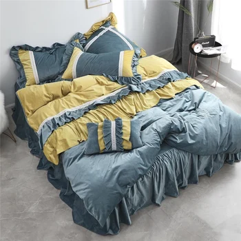 

Luxury Velvet Flannel Artistic Princess Bedding Set Warm Fleece Ruffles Duvet Cover Bed Skirt Pillowcases Queen Size 4/6/7Pcs
