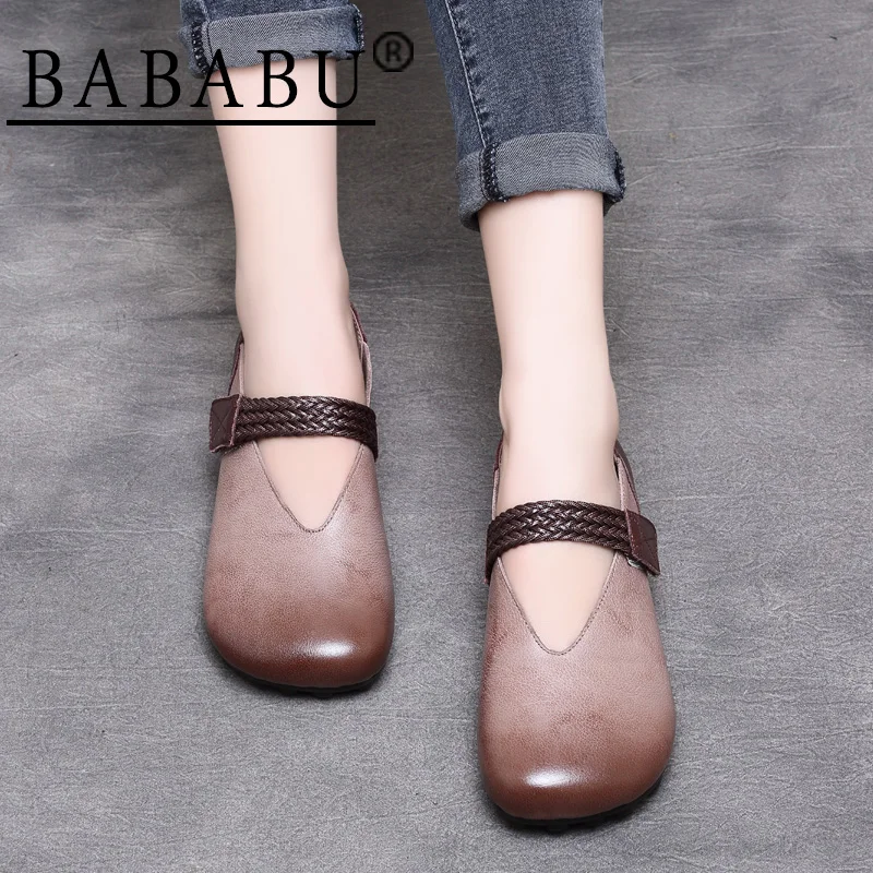 

2019 spring and summer new national style retro leather round head magic stickers single shoes soft bottom handmade shoes