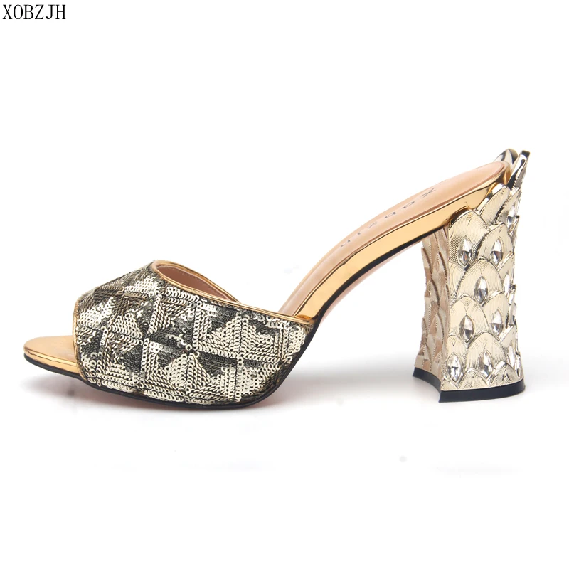 

Womens Summer Shoes Crystal High heels Gold Sandals Wedding 2019 Ladies Stripper Open Toe Sequin Shoes Woman Luxury Brand US11