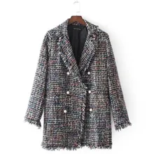 Осенняя женская обувь шикарный микс Цвет отложной воротник кисточкой Блейзер Дамы Перл Пуговицы с длинным рукавом средней длины пальто верхняя одежда