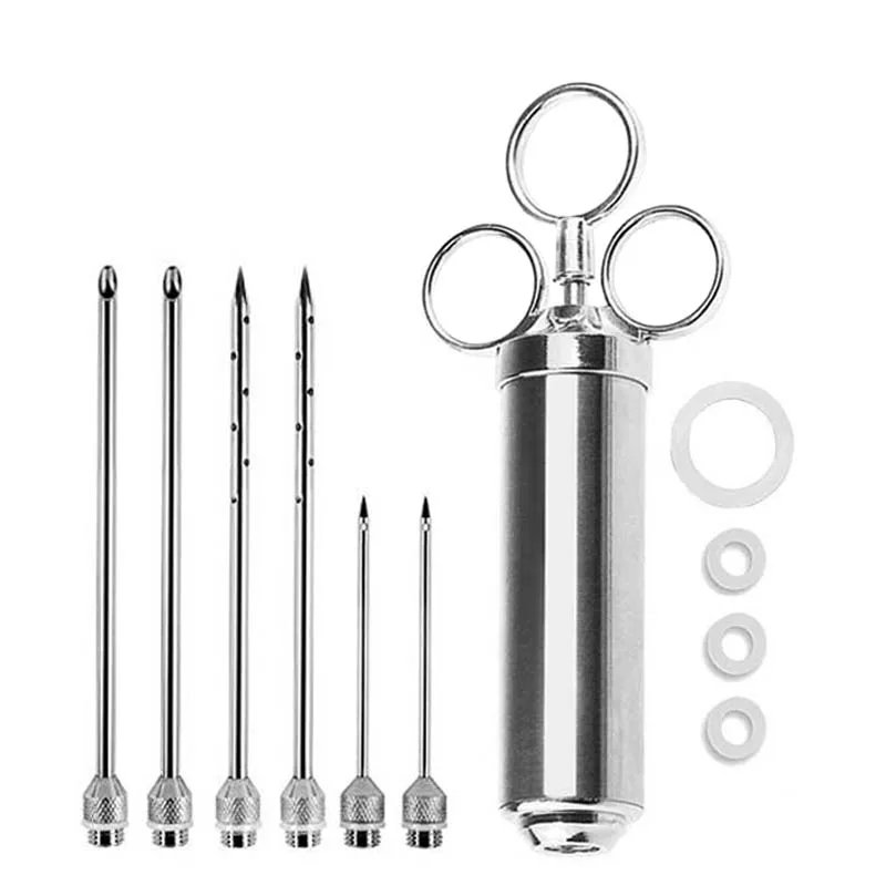 2 Ounce Capacity with 6 Needles Silicone Brush Stainless Steel BBQ Injector Syringe, Marinade Meat Injector - Цвет: 6Needle