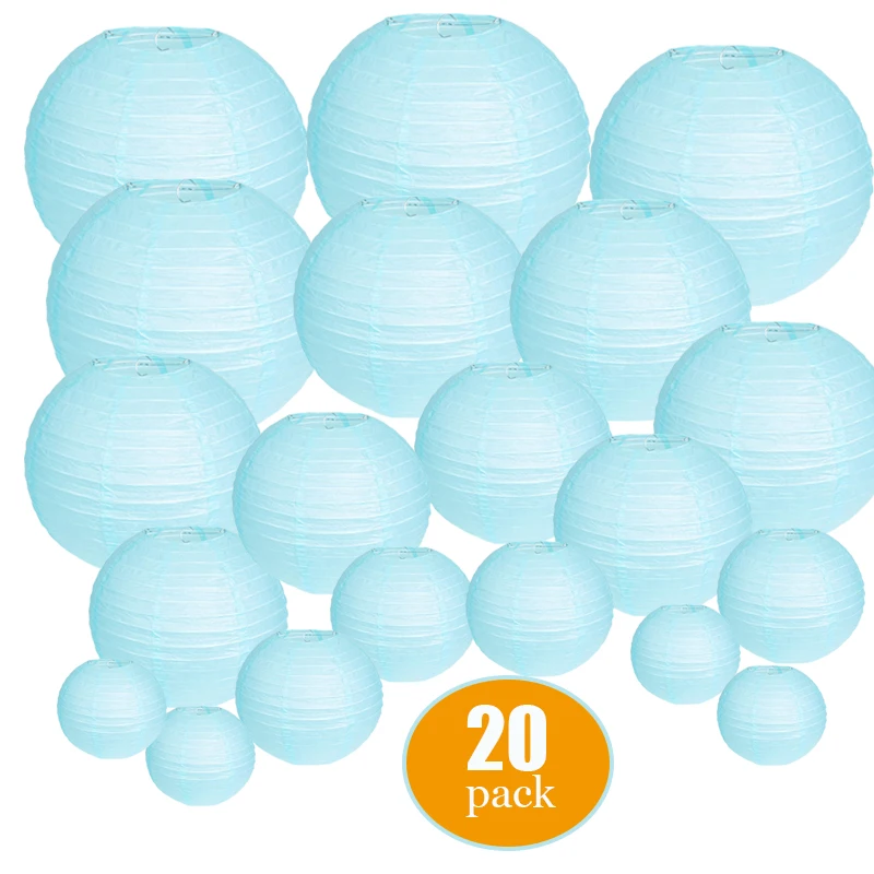 

20 Pcs/set 4"-12" Light Blue Chinese Paper Lantern Assorted Sizes Japanese Round Paper Ball Lanterns lampion for Wedding Decor