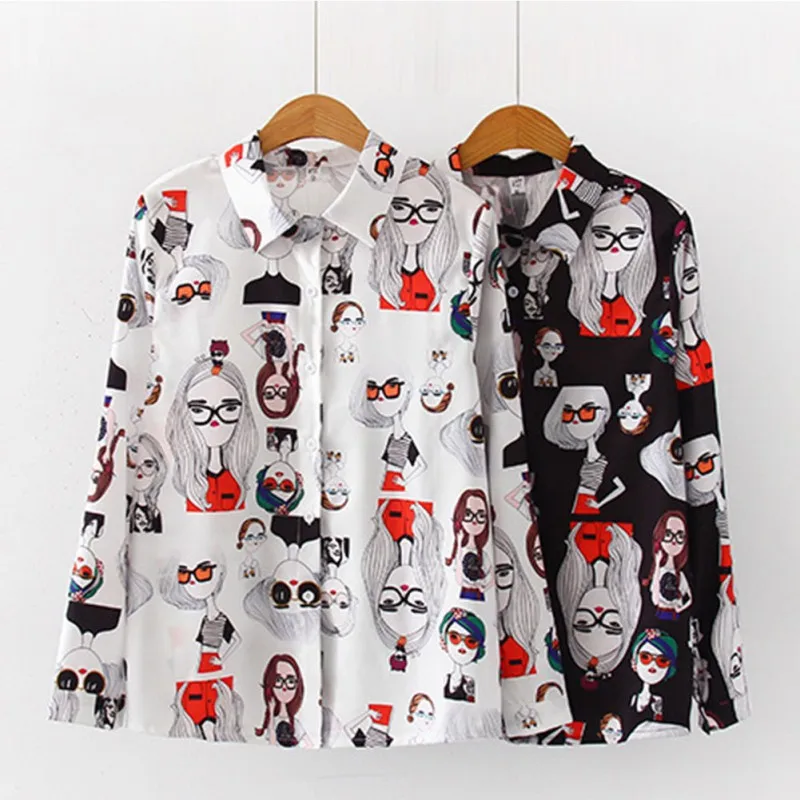 

2019 Summer Women Vintage Cartoon Print Lapel Shirt Loose Single-breasted Long Sleeve Sun Protection POLO Blouse Chiffon Blouses